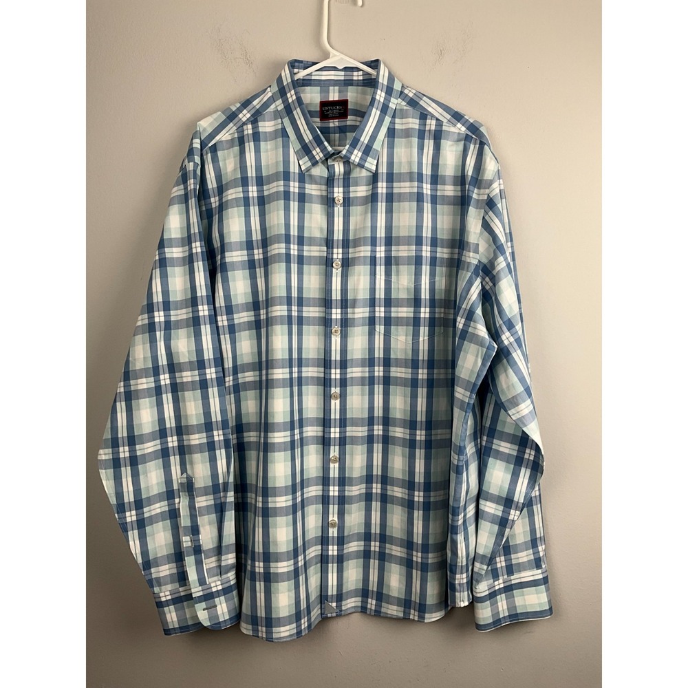 Untuckit Turley WF Shirt Men's XXL Blue Plaid Long‎ Sleeve Wrinkle Free Cotton - Picture 2 of 7